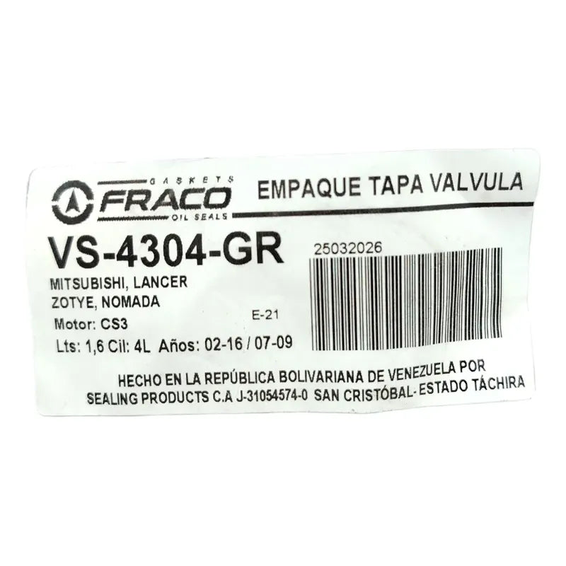 Empacadura Tapa Valvula Mitsubishi Lancer 1.6 Cs3 02-16